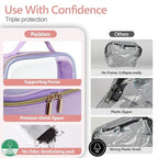 PACKISM TSA Approved Toiletry Bag - Glitter Textured Clear Travel Bag, Personalized and Fashion, with 180° Large Opening and Supporting Frame, Perfect for Travel Essentials, Thick No Smell, Purple