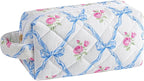Makeup Bag Travel Cosmetic Bag for Women, Zipper Make Up Pouch, Floral Flowers Toiletry Organizer Makeup with Handle, Cosmetic Travel Cloth Bag (Blue Bowknot)
