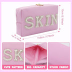 2PCS Preppy makeup bag Pearl letter Cosmetic Double Zipper Waterproof Ladies Storage Purse Care Shower Products Handbag Wash Organizer Leather Portable Girls Travel Accessories