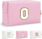 Small Initial Preppy Makeup Bag, Personalized Pink Cute Cosmetic Zipper Pouch Toiletry Bags for Traveling, Waterproof Chenille Letter Makeup Case Organizer Travel Essentials for Women Female(Letter O)
