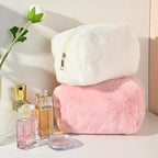 SOIDRAM 2 Pieces Makeup Bag Cute Cosmetic Bag Plush Pink White Makeup Pouch Coquette Travel Toiletry Bag Organizer Fluffy Makeup Brushes Puffy Storage Bag for Women