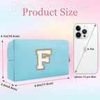 Small Personalized Letter Makeup Bag, Cute PU Leather Chenille Letters Cosmetic Bag Travel Makeup Pouch, Preppy Travel Organizer Zipper Pouch for Women&Girls（Blue-F）