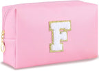 Initial Makeup Bag Personalized Preppy Travel Small Cosmetic Bag Cute PU Pink Chenille Letter Makeup Pouch for Purse Waterproof Zippered Toiletry Organizer for Women Girls Kids Friends (F)