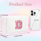 Small Personalized Glitter Initial Letter Makeup Bag, Cute PU Leather Chenille Letters Cosmetic Bag Travel Makeup Pouch, Preppy Travel Organizer Zipper Pouch for Women&Girls（WhiteRosePink-D）