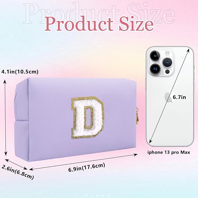 Small Personalized Letter Makeup Bag, Cute PU Leather Chenille Letters Cosmetic Bag Travel Makeup Pouch, Preppy Travel Organizer Zipper Pouch for Women&Girls（Purple-D）