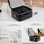 SJD Travel Makeup Bag with LED Mirror, Portable Cosmetic Case Organizer with Lighted Mirror, Waterproof Makeup Case for Cosmetic Brush Holder Storage, Black Toiletry Bag for Women Gift