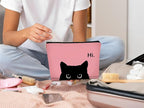 Cute Cat Makeup Bag - Black & Pink, Small Cosmetic Bag for Women & Teen Girls, Birthday Gift for Cat Lovers & Owners
