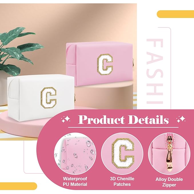Personalized Initial A-Z Preppy Patch Makeup Bag,Small PU Chenille Letter Cosmetic Bag with Zipper for Teen Girls,Pink Cute Toiletry Organizer Bag,Monogram Makeup Case Gift for Women Girls,Letter C