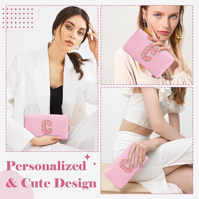 Personalized Initial A-Z Preppy Patch Makeup Bag,Small PU Leather Chenille Letter Cosmetic Bag with Zipper for Teen Girls,Pink Cute Travel Toiletry Bag,Birthday Monogrammed Gift for Daughter,Letter C