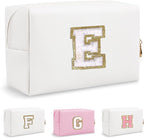 Personalized Chenille Letter Preppy Makeup Bag, Small Cute Travel Cosmetic Bag Initial Toiletry Zipper Pouch Monogram Makeup Storage, Waterproof Makeup Case Travel Essentials for Friend Mom(Letter E)