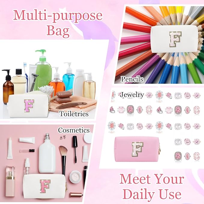 Small Personalized Glitter Initial Letter Makeup Bag, Cute PU Leather Chenille Letters Cosmetic Bag Travel Makeup Pouch, Preppy Travel Organizer Zipper Pouch for Women&Girls（White-F）