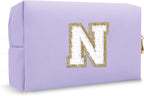 Chenille Letter Personalized Initial Preppy Makeup Bag, Small Cute Purple Cosmetic Zipper Pouch Travel Toiletry Bags, Waterproof PU Monogram Make Up Organizer Gifts for Nurse Nieces Teacher(Letter N)