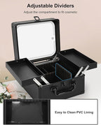 Chomeiu Makeup Bag with Mirror, Travel Train Case Large Cosmetic Organizer with 2 Trays and Vanity Mirror with LED Lights, Brush Holder Storage Box Suitcase for Nail Kits Cosmetics Craft, Black