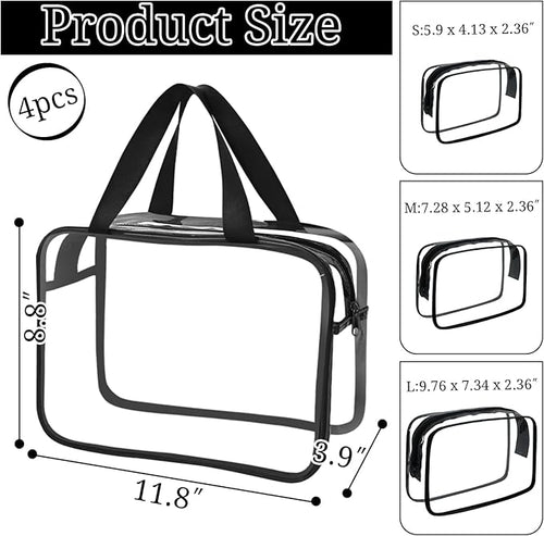 4 Packs Large Clear Comestic Bag, Waterproof Clear Makeup Toiletry Organizer Pouch, Reusable PVC Plastic Storage Bags with Zipper for Travel (4, Black)