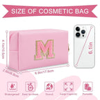 Personalized Initial A-Z Preppy Patch Makeup Bag,Small PU Leather Chenille Letter Cosmetic Bag with Zipper for Teen Girls,Pink Cute Travel Toiletry Bag,Birthday Monogrammed Gift for Daughter,Letter M