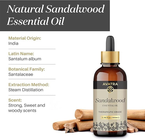 Avatra Sandalwood Essential Oil 100ML (3.38 OZ) with Glass Dropper and Travel Bottle, Pure and Natural Therapeutic Grade Sandalwood Oil for Diffuser, Aromatherapy, Massage, and DIY Candle Products