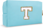 Personalized Small Travel Preppy Makeup Bag, Chenille Letter Blue Cute Makeup Case Initial Cosmetic Pouch Toiletry Organizer, PU Leather Waterproof Makeup Storage Teacher Appreciation Gifts(Letter T)