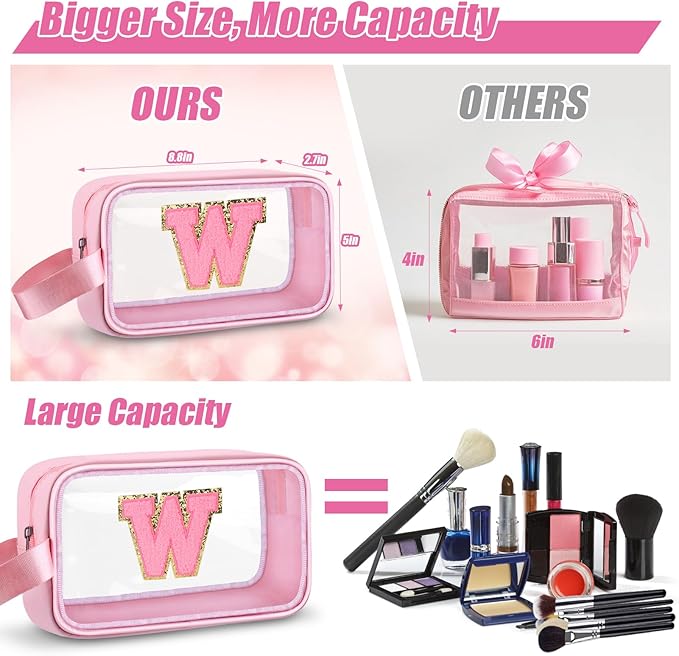Initial Makeup Bag,Letter W Cute Clear Monogrammed Cosmetic Travel Bag for Womens Girls,Personalized Pink Aesthetic Traveling Make Up Organizer Bag for Beach,Waterproof Toiletry Bag