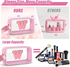 Initial Makeup Bag,Letter W Cute Clear Monogrammed Cosmetic Travel Bag for Womens Girls,Personalized Pink Aesthetic Traveling Make Up Organizer Bag for Beach,Waterproof Toiletry Bag