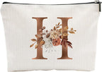 A-Z Boho Personalized Cosmetic Bag-Floral Cotton Letter Makeup Bag With Zipper-Artistic Cosmetic Bag For Travel-Bride,Birthday Gift For Women Daughter Friends-Women Makeup Organizer-A08