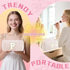 Personalized Quilted Cosmetic Bag, Puffy Monogrammed Christmas Birthday Gifts for Women & Girls, Cute initial Floral Makeup Bag Puffer Coquette Bag, Aesthetic Travel Toiletry Zipper Pouch(Pink,P)