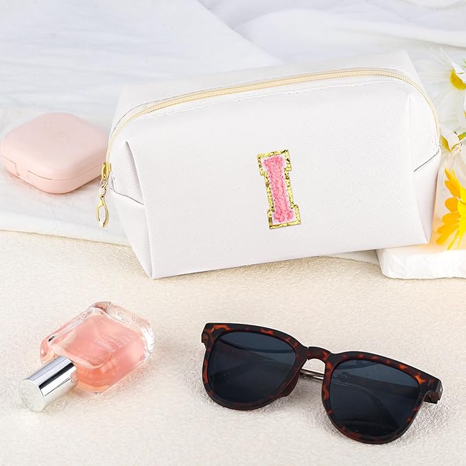 Initial Makeup Bag Personalized Preppy Travel Small Cosmetic Bag Cute PU White Chenille Letter Makeup Pouch for Purse Waterproof Zippered Toiletry Organizer for Women Girls Kids Friends (I)