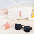 Initial Makeup Bag Personalized Preppy Travel Small Cosmetic Bag Cute PU White Chenille Letter Makeup Pouch for Purse Waterproof Zippered Toiletry Organizer for Women Girls Kids Friends (I)
