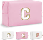 Personalized Initial Preppy Makeup Bag, Small Cute Pink Toiletry Pouch Monogram Cosmetic Travel Organizer with Zipper, PU Waterproof Glitter Make Up Bags Gift for Female Coworker Friends(Letter C)