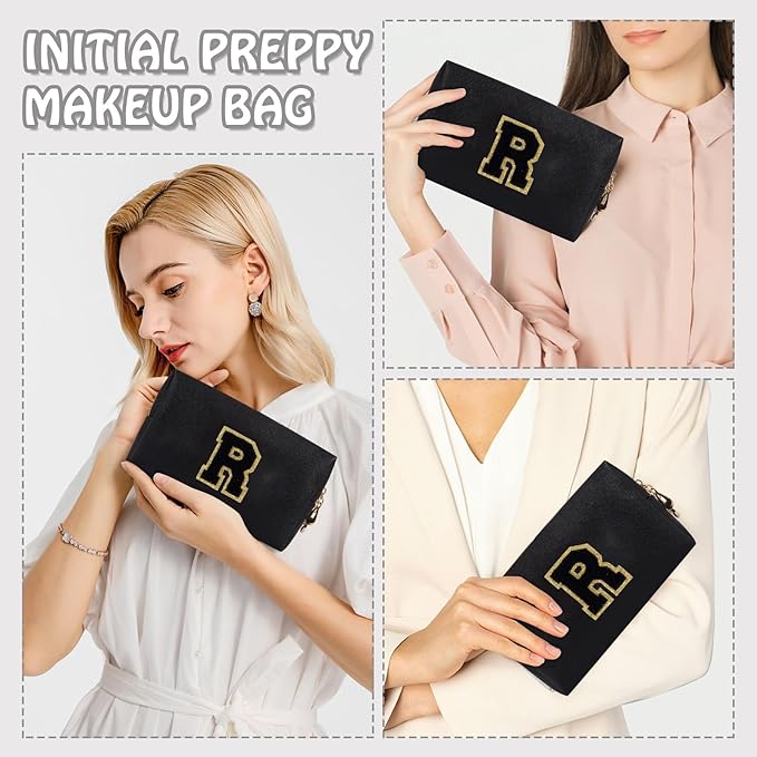 Small Travel Initial Preppy Makeup Bag, Personalized Black Cute Cosmetic Organizer Chenille Letter Toiltery Zipper Pouch for Purse, Waterproof Makeup Storage Gifts for Female Teacher Friend(Letter R)