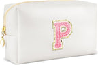 Initial Makeup Bag Personalized Preppy Travel Small Cosmetic Bag Cute PU White Chenille Letter Makeup Pouch for Purse Waterproof Zippered Toiletry Organizer for Women Girl Kid Friends (P)