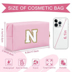 Personalized Initial A-Z Preppy Patch Makeup Bag,Small PU Chenille Letter Cosmetic Bag with Zipper for Teen Girls,Pink Cute Toiletry Organizer Bag,Monogram Makeup Case Gift for Women Girls,Letter N