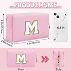 Small Travel Initial Preppy Makeup Bag, Personalized Pink Cute Cosmetic Organizer Chenille Letter Travel Toiltery Zipper Pouch, Waterproof PU Leather Make Up Case Mothers Day Gifts for Mom(Letter M)