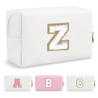 Small Personalized Initial A-Z Preppy Patch Makeup Bag,White PU Chenille Letter Travel Cosmetic Pouch with Zipper,Cute Toiletry Bag,Gift Ideal for Teen Girls Women Teacher Bridesmaid,Letter Z