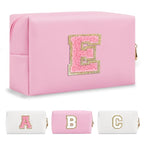 Personalized Initial A-Z Preppy Patch Makeup Bag,Small PU Leather Chenille Letter Cosmetic Bag with Zipper for Teen Girls,Pink Cute Travel Toiletry Bag,Birthday Monogrammed Gift for Daughter,Letter E