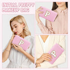 Personalized Initial Preppy Makeup Bag Organizer, Pink Small Travel Cosmetic Bag Monogram Toiletry Zipper Pouch for Women, Portable Waterproof PU Makeup Case for Women Friends Party Gift(Letter P)