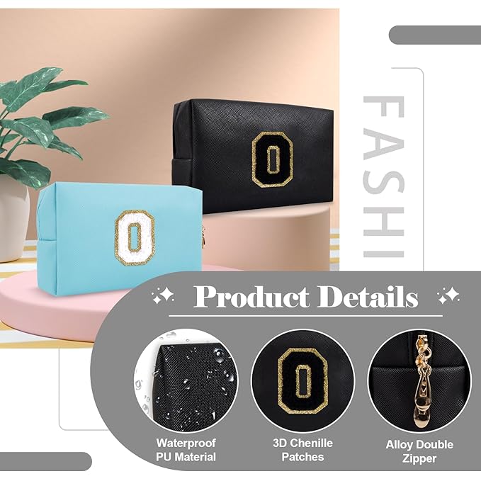 Personalized Initial A-Z Preppy Patch Makeup Bag,Small PU Chenille Letter Cosmetic Bag with Zipper for Teen Girls,Black Cute Toiletry Organizer Bag,Monogram Makeup Case Gift for Women Girls,Letter O