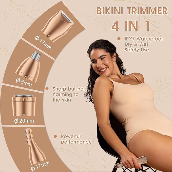 Hair Clippers & Bikini Trimmer for Women - Waterproof Electric Clippers and 4 in 1 Bikini Trimmer Set, Deluxe Wet/Dry Body Shaver for Nose, Eyebrows, Beard, Pubic Hair, Blue