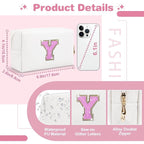 Small Initial Patch Makeup Bag Personalized Gifts Make Up Bag,White Cute PU Leather Glitter Letter Cosmetic Bag with Zipper,Trendy Portable Travel Toiletry Pouch,Preppy Stuff for Teen Girls Women Y
