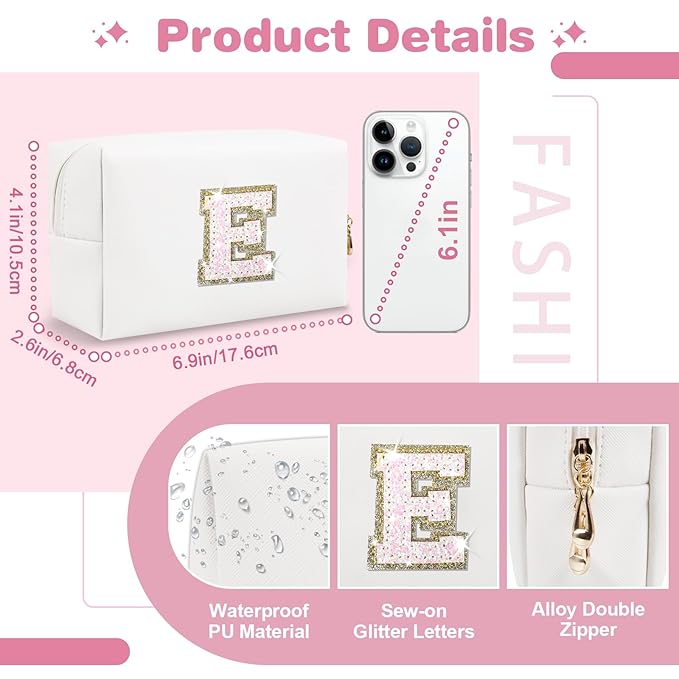Small Initial Patch Makeup Bag Personalized Gifts Make Up Bag,White Cute PU Leather Glitter Letter Cosmetic Bag with Zipper,Trendy Portable Travel Toiletry Pouch,Preppy Stuff for Teen Girls Women E