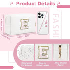 Small Initial Patch Makeup Bag Personalized Gifts Make Up Bag,White Cute PU Leather Glitter Letter Cosmetic Bag with Zipper,Trendy Portable Travel Toiletry Pouch,Preppy Stuff for Teen Girls Women E