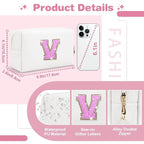 Small Initial Patch Makeup Bag Personalized Gifts Make Up Bag,White Cute PU Leather Glitter Letter Cosmetic Bag with Zipper,Trendy Portable Travel Toiletry Pouch,Preppy Stuff for Teen Girls Women V