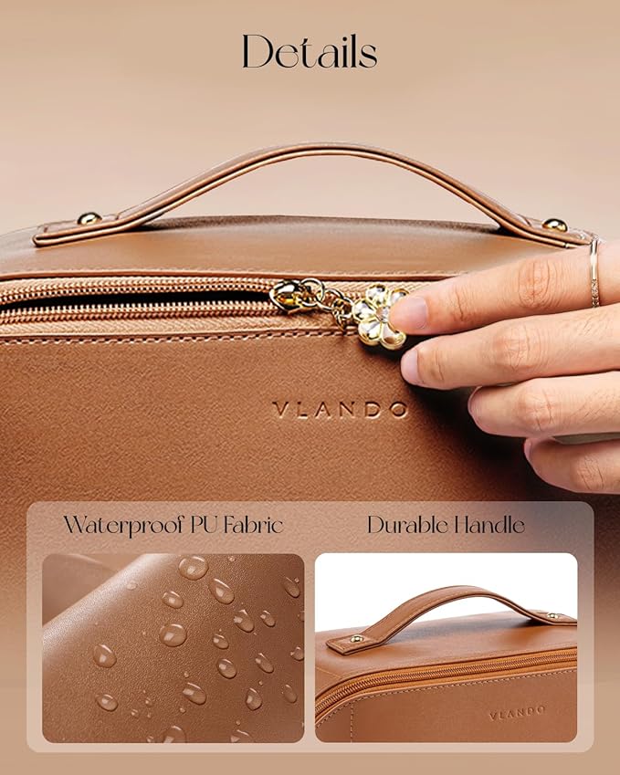 Vlando Makeup Bag,Large Capacity Travel Toiletry Bag,Cosmetic Bags for Women PU Leather Waterproof Portable Pouch with Divider & Handle-Brown