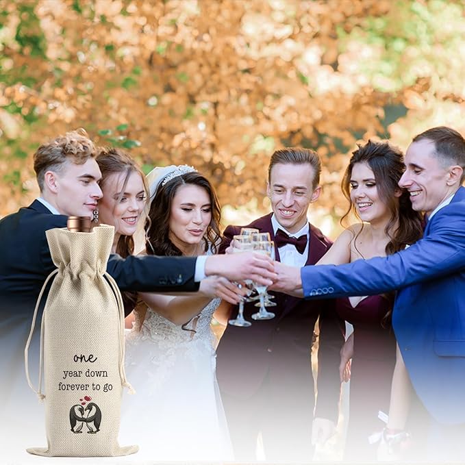 Gifts for First Anniversary for Couple Parents Husband Wife Vow Renewal Gifts One Year Down Forever to Go 1 year Wedding Anniversary Wine Gift Bag