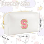 Initial Makeup Bag Personalized Preppy Travel Small Cosmetic Bag Cute PU White Chenille Letter Makeup Pouch for Purse Waterproof Zippered Toiletry Organizer for Women Girls Kids Friends (S)
