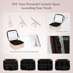 Travel Makeup Bag with LED Lighted Mirror, Cosmetic Makeup Organizer Bag with 3 Color Setting, Makeup Train Case with Adjustable Dividers for Women Makeup Brushes Jewelry Accessories