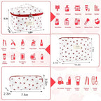 3Pc Cotton Quilted Makeup Bag for Women Extra Large Coquette Small Floral Travel Cosmetic Bag Set Cute Cherry Makeup Pouch Portable Toiletry Bag Organizer Vintage Puffy Essential Storage Bag