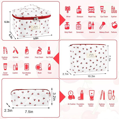 3Pc Cotton Quilted Makeup Bag for Women Extra Large Coquette Small Floral Travel Cosmetic Bag Set Cute Cherry Makeup Pouch Portable Toiletry Bag Organizer Vintage Puffy Essential Storage Bag
