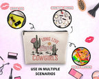 Long Live Cowgirls Cosmetic Bag, Pink Retro Western Cowgirl Hat Desert Cactus Makeup Bag Zipper Cosmetic Pouch Bag Travel Linen Makeup Organizer, Preppy Gifts for Teen Girls Women Cowgirls