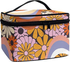 Hippie Daisy 70s 80s Wavy Swirl Design Makeup Bags for Women Large Capacity Toiletry Organizer Bags Portable Tote Cosmetic Pouch with Carry Handle and Brushes Slots Travel Sccessories