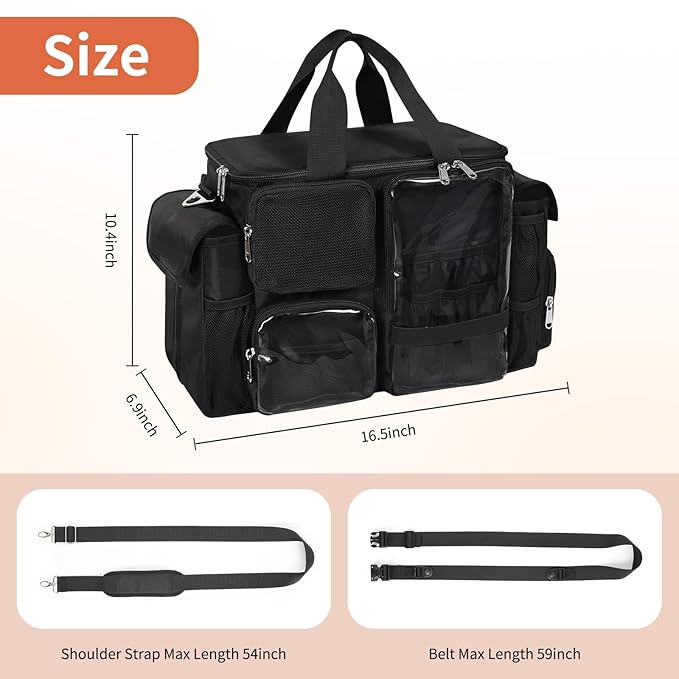 Hairstylist Travel Bag, Hair Tool Organizer with Adjustable Dividers, Hair Tools Travel Bag with Multi Pockets, Professional Hairdressing Organizer for Makeup Artists with Shoulder & Waist Straps